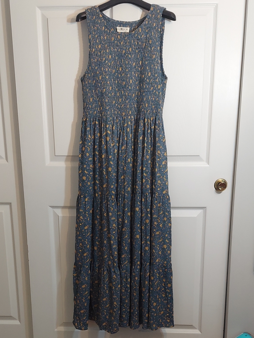 Natural Life Blue Floral Smocked Tiered Maxi Dress Boho M